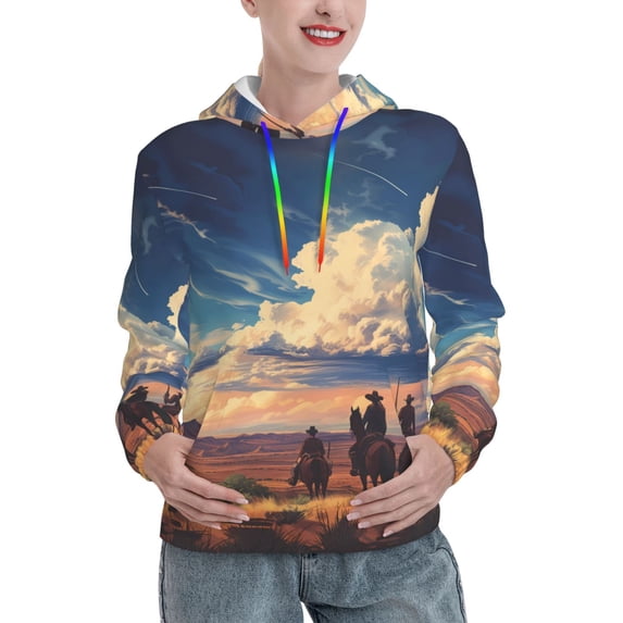 Salouo Western Desert Cloud Cowboy Pattern Hoodie Sweatshirts for Women, Autumn Pullover Hoodie Workout Sweat Women's Long Sleeve Preppy Sweatshirts-X-Large