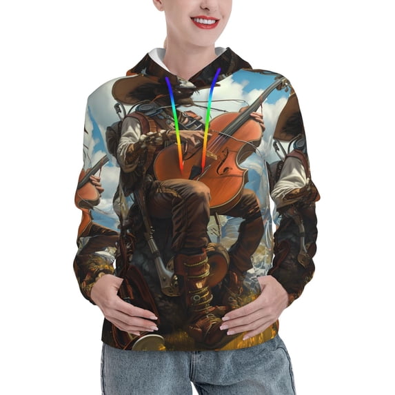 Salouo Western Guitar Cowboy Pattern Hoodie Sweatshirts for Women, Autumn Pullover Hoodie Workout Sweat Women's Long Sleeve Preppy Sweatshirts-X-Large