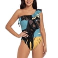 thumbnail image 1 of Salouo Whimsical Cartoon Cow Pattern One Shoulder Ruffled One Piece Swimsuit for Women V Neck Swimwear Tummy Control Bathing Suit-Small, 1 of 6