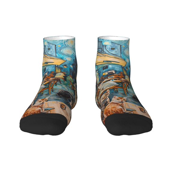 Salouo Whimsical Cats Night Cafe Pattern Unisex Middle Tube Socks,Middle-Finger Knee High Socks Over The Calf Tube Stocking Crew Stockings for Women and Men Tube Socks