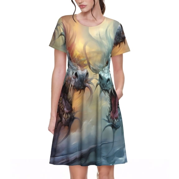 Salouo White And Red Storm Dragon for Women's Short Sleeve Summer Dress, Pleated Loose Swing Knee Length Dresses with Pockets