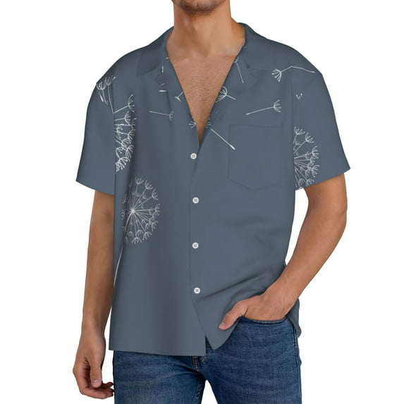 Salouo White Dandelion Pattern Cuban Collar Shirts for Men Button-Down Shirt Men's Short Sleeve Shirts Hawaiian Shirts Casual Shirts -4X-Large