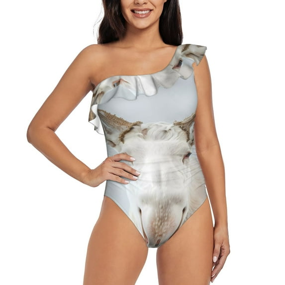 Salouo White Reindeer Portrait Pattern One Shoulder Ruffled One Piece Swimsuit for Women V Neck Swimwear Tummy Control Bathing Suit-Medium