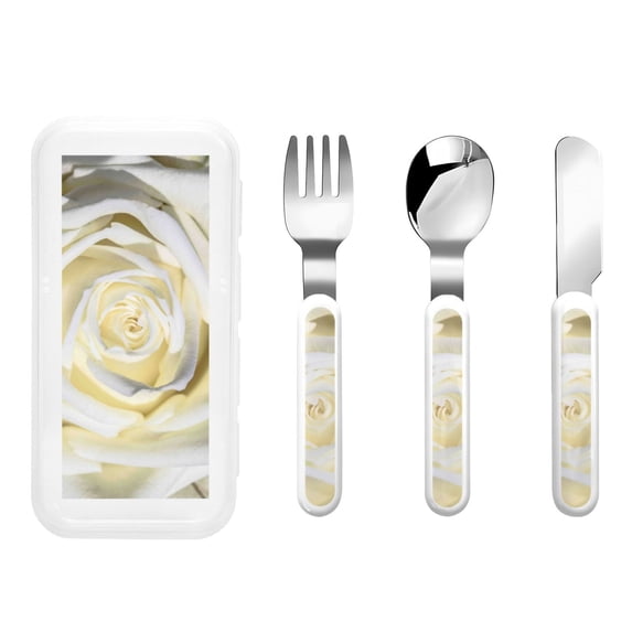 Salouo White Rose Pattern 3 Pieces Toddler Utensils, Kids Silverware Set Stainless Steel Utensils for Kids Children Safe Spoons Forks & Knife Dishwasher Safe