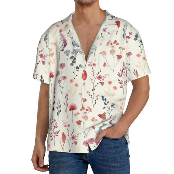 Salouo Wildflower Watercolor 3 Pattern Cuban Collar Shirts for Men Button-Down Shirt Men's Short Sleeve Shirts Hawaiian Shirts Casual Shirts -Medium