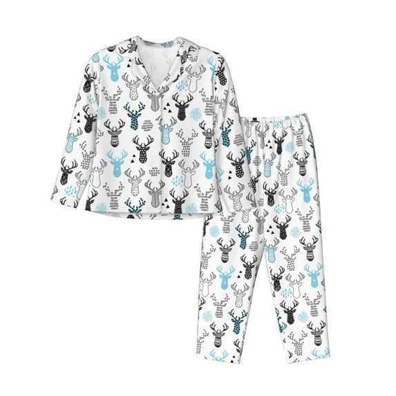 Salouo Winter Art Blue and Black Moose Pattern Women's Pajamas Set Long Sleeve Button Down Sleepwear Soft Pj Lounge Sets for women 2 Piece Pjs Set with Long Pants-Medium