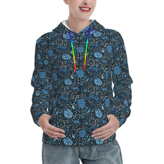 Salouo Winter Blue Forest Deer Pattern Hoodie Sweatshirts for Women, Autumn Pullover Hoodie Workout Sweat Women's Long Sleeve Preppy Sweatshirts-Small