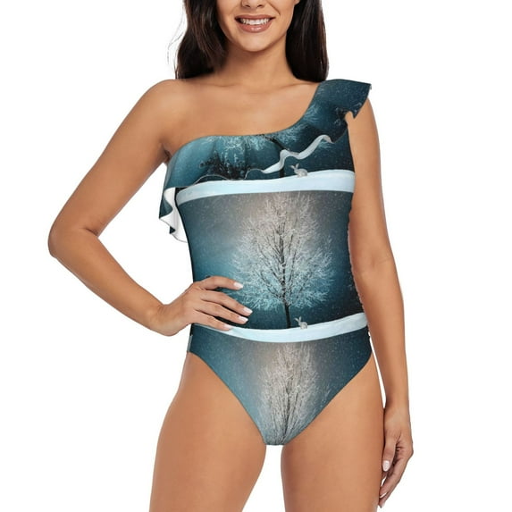Salouo Winter Rabbit Pattern One Shoulder Ruffled One Piece Swimsuit for Women V Neck Swimwear Tummy Control Bathing Suit-Large