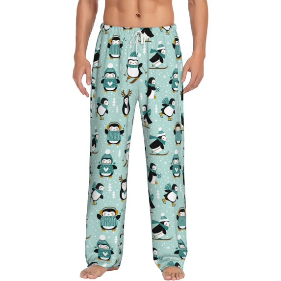Salouo Winter Skiing Penguin Print Pajama Pants for Men, Lounge Pants Elastic Waistband Casual Men's sleepwear Loungewear Sleep Pajama Pant -Medium