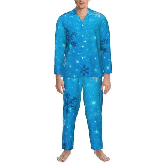 Salouo Winter With Snowflakes Print Button-Front Long Sleeve Pajama Set for Men, Soft 2Pjs Men's Long Sleeve Sleepwear -Medium