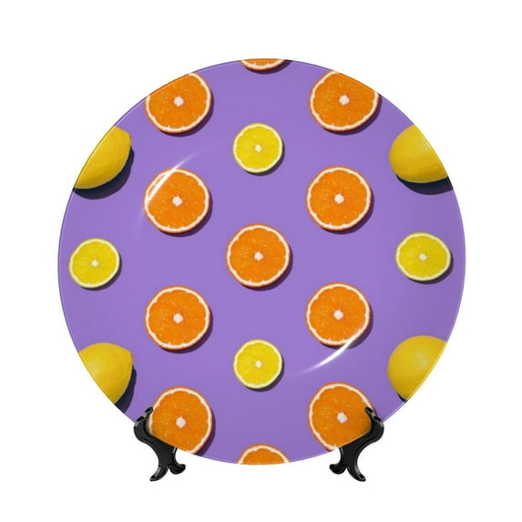 Salouo Yellow Lemon And Orange Pattern Bone China Decorative Plate,Holiday Decor Decorative Ceramic Plates with Stand Elegant Home DéCor for Hallway/Living Room/Bedroom-7in