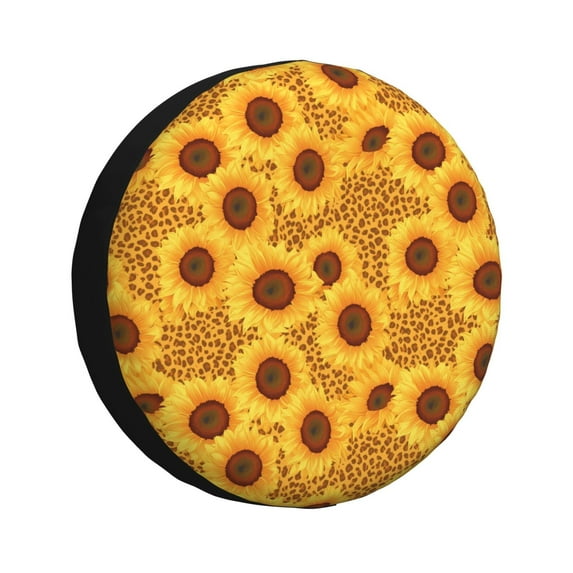 Salouo Yellow Leopard Print Sunflower Print Spare Tire Cover 14-17 inch Spare Tire Protector Universal Tough Tire Wheel Cover for Trailer SUV and Truck-14 inch