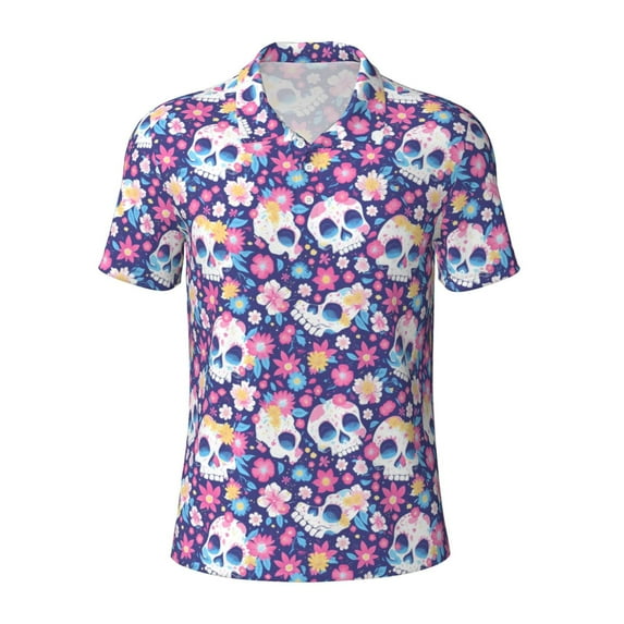 Salouo blue flower Skull colorful for Men's Short Sleeve Polo Shirts,Polo Shirts for Men Performance Short Sleeve Golf Shirt Athletic Casual Collared T-Shirt-XX-Large