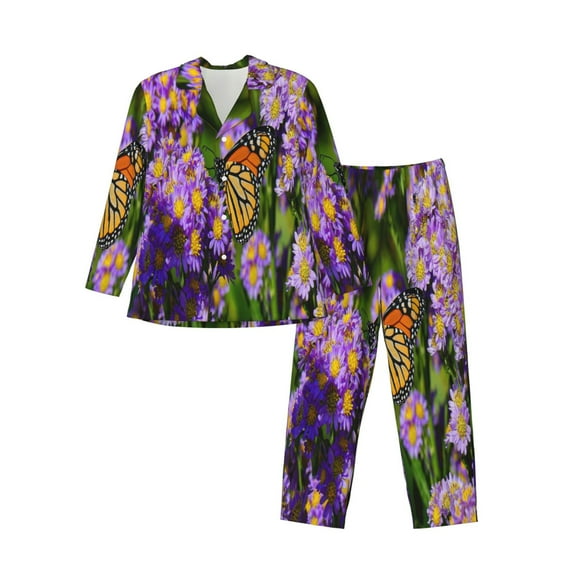 Salouo butterflies and Gardens Print Button-Front Long Sleeve Pajama Set for Men, Soft 2Pjs Men's Long Sleeve Sleepwear-XX-Large