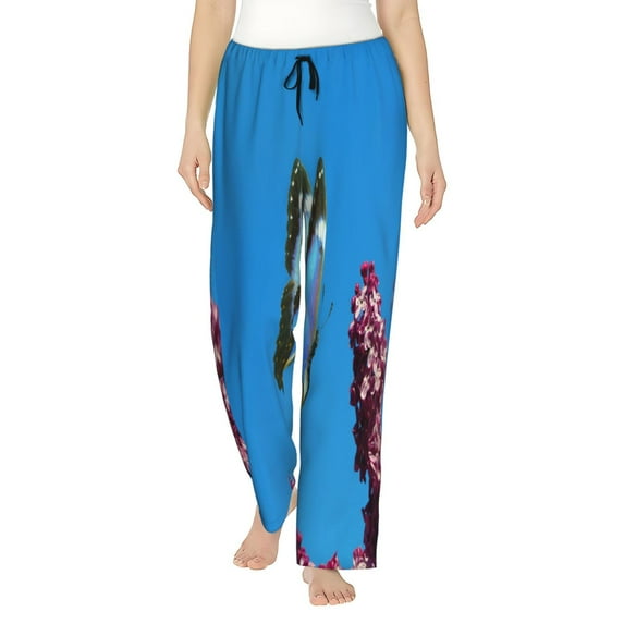 Salouo butterfly and purple lilac flowers Print Women's Pajama Pants Casual Loose Sweatpants PJs Flowy Pants Drawstring Palazzo for Women Wide Leg Pants Lounge Pajama-Medium
