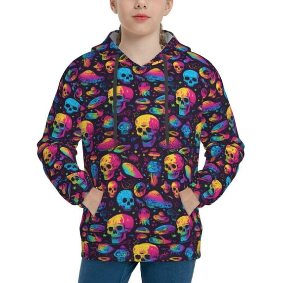 Salouo colorful Skull Retro Pattern Hoodie Sweatshirt for Youth, Fall Pullover Hoodie Sweatshirt Long-Sleeve Pullover Hooded Sweatshirt-X-Large