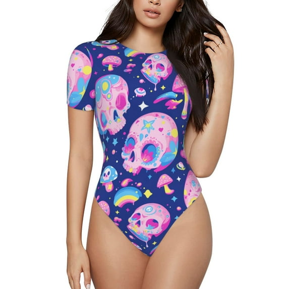 Salouo colorful Skull mushroom rainbow for Women's Short Sleeve Bodysuit,Sexy Bodysuits One Piece Round Neck Bodysuit Shapewear Tummy Control-X-Large
