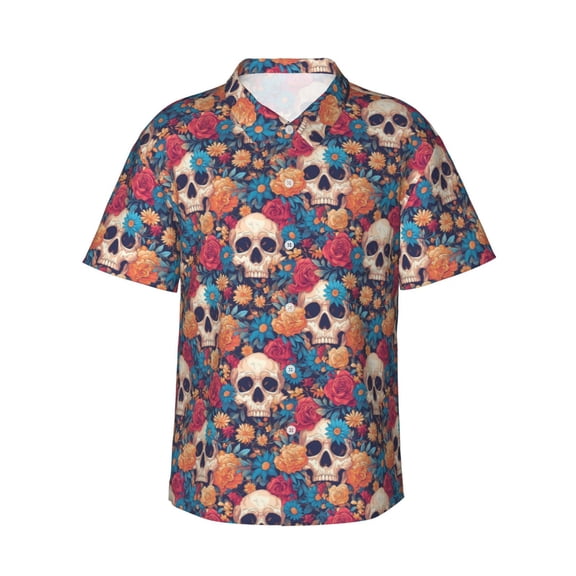 Salouo colorful Skull rose for Hawaiian Shirt for Men,Summer Beach Casual Short Sleeve Button Down Shirts Men's Regular-Fit Short-Sleeve Print Shirt -XX-Large