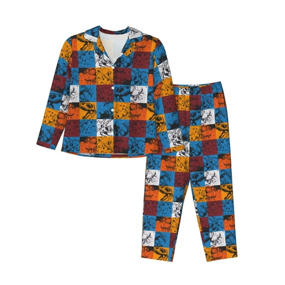 Salouo colorful plaid Dinosaur Pattern Women's Pajamas Set Long Sleeve Button Down Sleepwear Soft Pj Lounge Sets for women 2 Piece Pjs Set with Long Pants-XX-Large