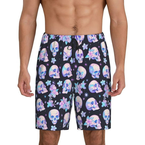 Salouo crystal flower Skull Pattern Men's Sleep Pajama Shorts,Pajama Bottoms Elastic Waistband Sleep Pajama Short PJ Shorts for Men -X-Large
