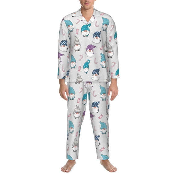 Salouo cute winter Gnome Print Button-Front Long Sleeve Pajama Set for Men, Soft 2Pjs Men's Long Sleeve Sleepwear -Small