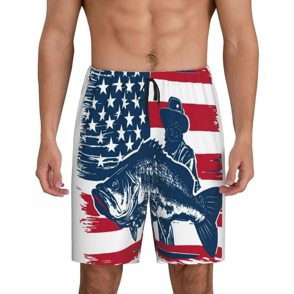 Salouo fisherman fishing with USA flag Pattern Men's Sleep Pajama Shorts,Pajama Bottoms Elastic Waistband Sleep Pajama Short PJ Shorts for Men-3X-Large