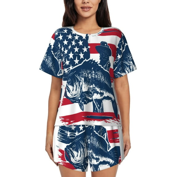 Salouo fisherman fishing with USA flag Pattern Short-Sleeved Pajama Set for Women,Round Neck Pajamas Short Sleeve Sleepwear Set Summer Pajamas Set Lounge Sets 2-Piece Pj-Small