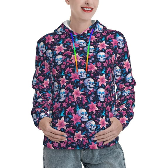 Salouo funny Skull daisy flower Pattern Hoodie Sweatshirts for Women, Autumn Pullover Hoodie Workout Sweat Women's Long Sleeve Preppy Sweatshirts-XX-Large