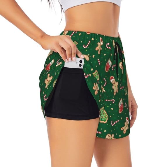 Salouo green Christmas Element Print Women's 2 in 1 Running Shorts Double-Layer Shorts Athletic Workout Gym Yoga Shorts Running Shorts for Women-XX-Large