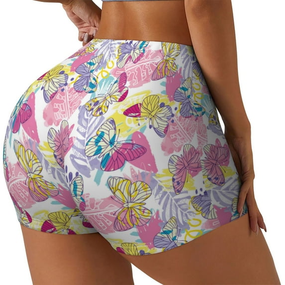 Salouo hand drawn butterflies Print Women's Athletic Shorts,Booty Shorts Biker Shorts High Waisted Elastic Workout Shorts for Yoga Gym Running Sports-Large
