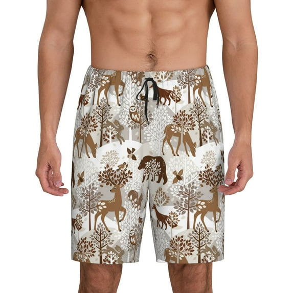 Salouo leaf Moose fox owls tree Pattern Men's Sleep Pajama Shorts,Pajama Bottoms Elastic Waistband Sleep Pajama Short PJ Shorts for Men -Large