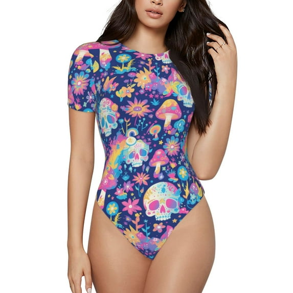 Salouo mushroom Skull rainbow color for Women's Short Sleeve Bodysuit,Sexy Bodysuits One Piece Round Neck Bodysuit Shapewear Tummy Control-Small