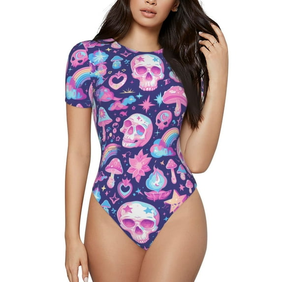 Salouo mushroom rainbow color Skull for Women's Short Sleeve Bodysuit,Sexy Bodysuits One Piece Round Neck Bodysuit Shapewear Tummy Control-X-Large