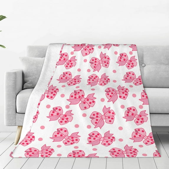 Salouo pink polka dot bows Print Bed Blankets, Flannel Blanket Comfortable Air Conditioning Blanket Lightweight Blanket for Sofa Bed Travel & Couch-60"x50"