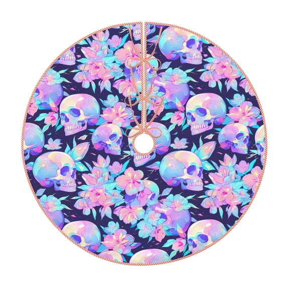 Salouo pinkk flower crystal Skull Christmas Tree Skirt 48" Farmhouse Christmas Decorations Snowman Xmas Tree Skirt Tree Mat for Holiday Party Decor