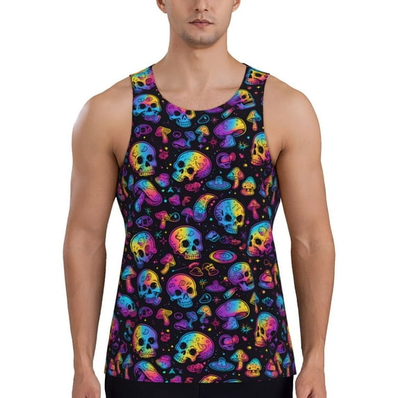 Salouo rainbow color Skull mushroom for Men's Tank Tops,Sleeveless Muscle Shirts for Men Quick Dry Workout Tank Top Gym Muscle Tee Fitness Bodybuilding Sleeveless T Shirt-3X-Large