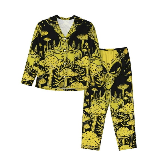 Salouo saucerman Mushroom Forest Pattern Women's Pajamas Set Long Sleeve Button Down Sleepwear Soft Pj Lounge Sets for women 2 Piece Pjs Set with Long Pants-Large