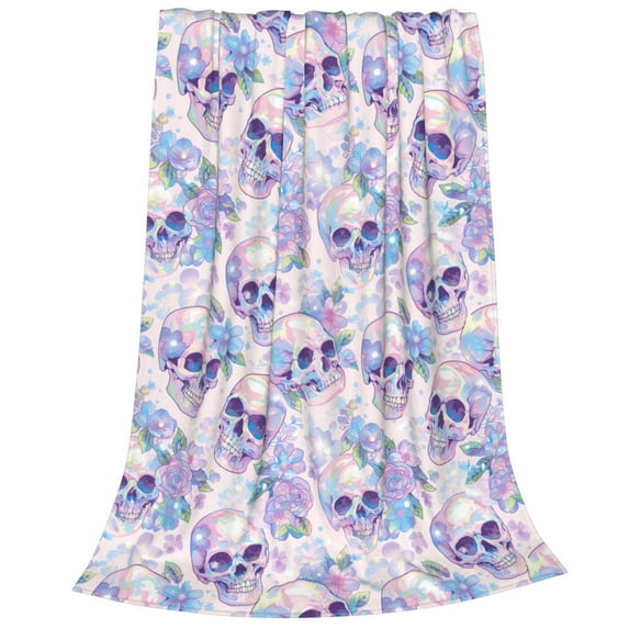 Salouo white Skull crystal flower Print Bed Blankets,Flannel Blanket Comfortable Air Conditioning Blanket Lightweight Blanket for Sofa Bed Travel & Couch -60"x50"