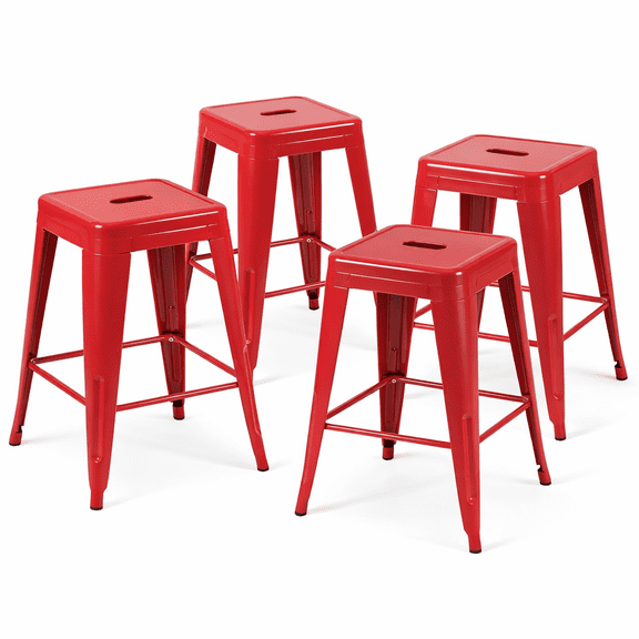 Salsa Red Metal Bar Stools Set of 4, 24 Inch Retro Industrial Barstools, Vibrant Red Stackable Bistro Chairs for Dining Room, Bold Accent Kitchen Stools with Footrest