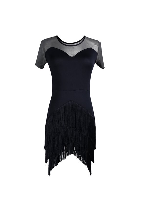 Salsa Rhythm Ice Cha Cha Dance Group Recital Competition Fancy Dresses Sheer Short Sleeves Mesh Yoke Sweetheart Neck Tasse