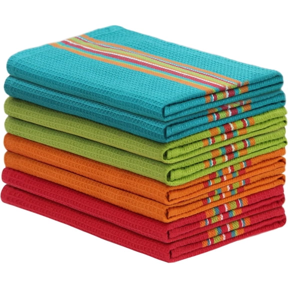 Salsa Stripe Kitchen Towel - Set of 8 Pure Cotton Absorbent Waffle Weave Dish Towel Dish Cloth - Low Lint Reusable Drying Towels - Restaurant Bar Cleaning Kitchen Hand Towel -16x28 Multi