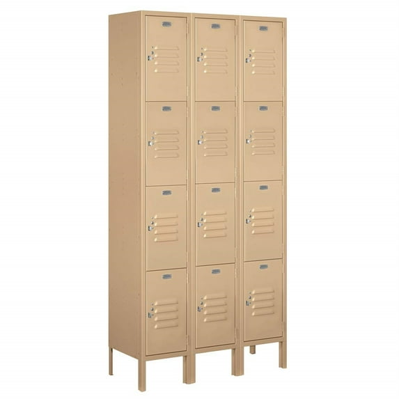 12" Wide Four Tier Standard Metal Locker - 3 Wide - 6 Feet High - 12 Inches Deep - Tan - Unassembled