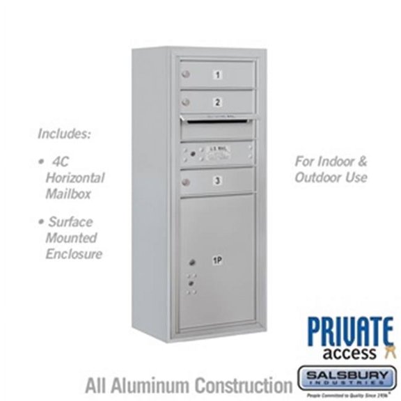 10 Door High Surface Mounted 4C Horizontal Mailbox with 3 Doors and 1 Parcel Locker in Aluminum with Private Access