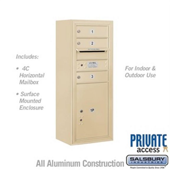 Salsbury 3810S-03SFP 38-0.62 in. 10 Door High Unit Single Column 3 MB1 Doors & 1 PL5 Front Loading Surface Mounted 4C Horizontal Mailbox Unit, Sandstone - Private Access