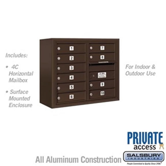Salsbury 3806D-10ZFP 24-0.62 in. 6 Door High Unit Double Column 10 MB1 Doors Front Loading Surface Mounted 4C Horizontal Mailbox Unit, Bronze - Private Access