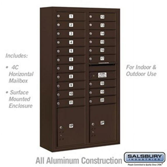 Salsbury 3816D-20ZFU 57-0.87 in. Maximum Height Unit Double Column 20 MB1 Doors & 2 PL4.5s Front Loading Surface Mounted 4C Horizontal Mailbox Unit, Bronze - USPS Access