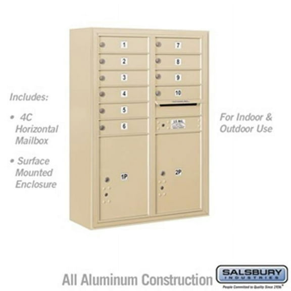 11 Door High Surface Mounted 4C Horizontal Mailbox with 10 Doors and 2 Parcel Lockers in Sandstone with USPS Access