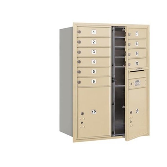 11 Door High Recessed Mounted 4C Horizontal Mailbox with 10 Doors and 2 Parcel Lockers in Sandstone with USPS Access - Front Loading