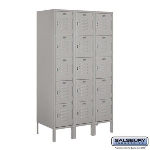 12" Wide Five Tier Box Style Standard Metal Locker - 3 Wide - 5 Feet High - 18 Inches Deep - Gray - Assembled