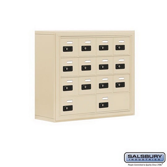 Salsbury Industries 19048-14SSC Cell Phone Storage Locker - 4 Door High Unit (8 Inch Deep Compartments) - 12 A Doors and 2 B Doors - Sandstone - Surface Mounted - Resettable Combination Locks